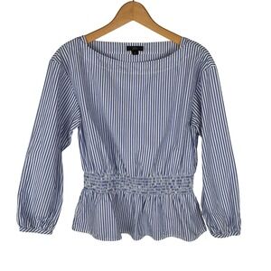 J.Crew Striped Smocked Peplum Boat Neck Cotton Blouse Womens Small Blue White